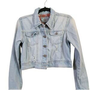 Rue 21 Womens Cropped Denim Jacket Size M Juniors Distressed Blue Button Down